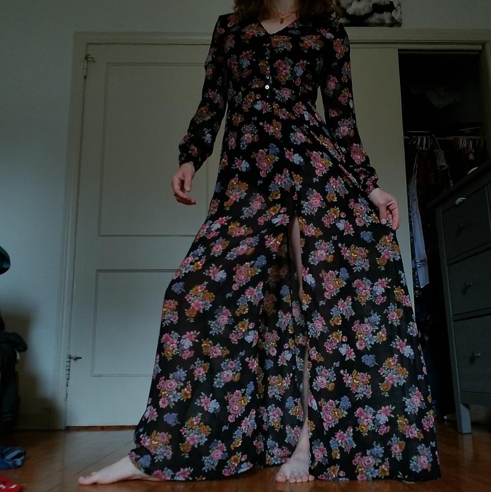 Long sleeve sheer black/floral cover dress